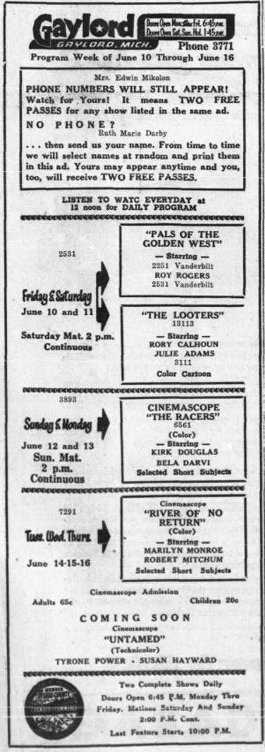 Gaylord Cinema - June 6 1955 Ad (newer photo)